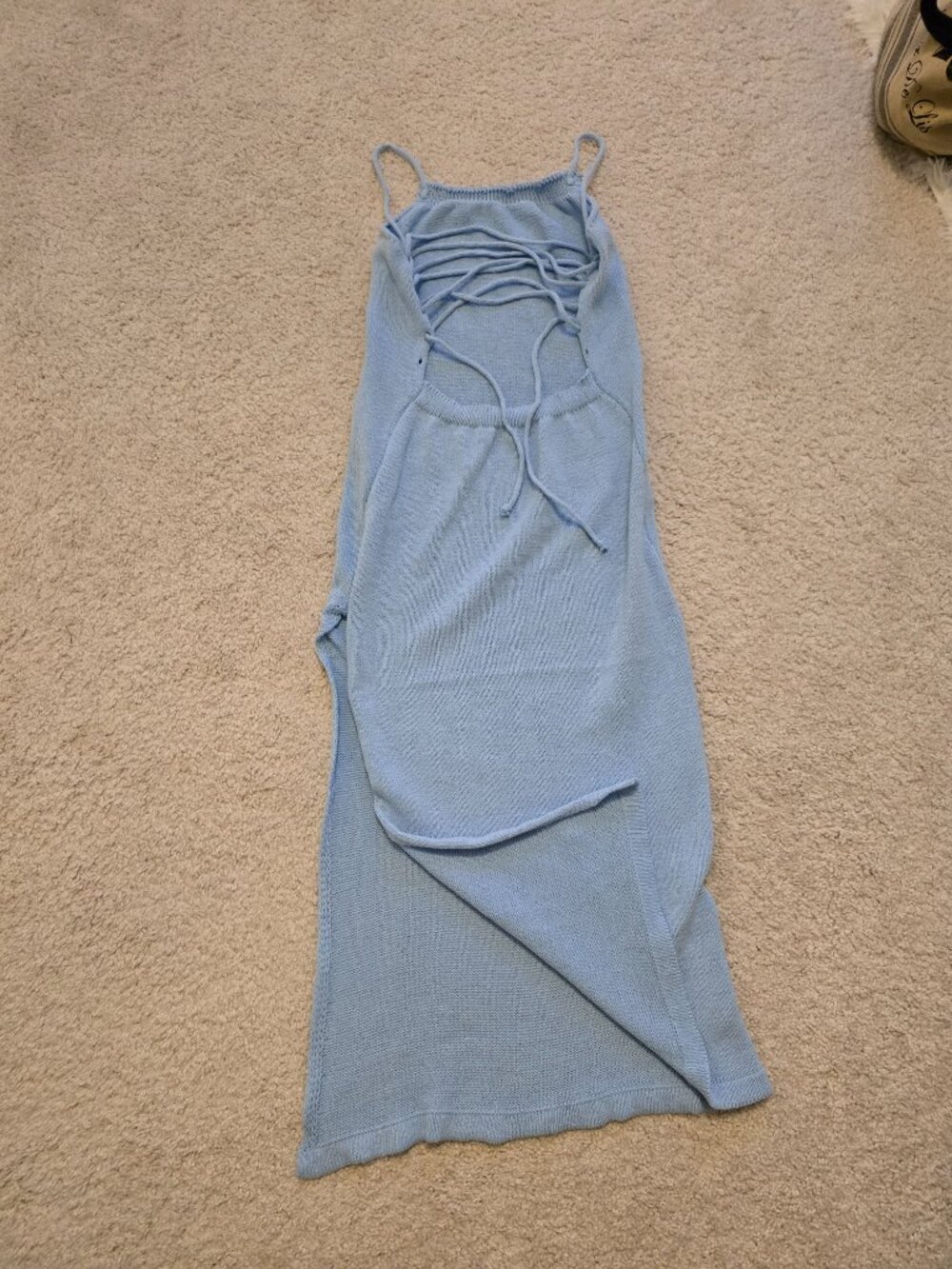 Sky blue lace up cross back fine knit sweater midi dress